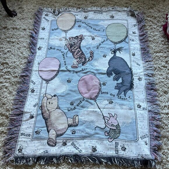 Vintage Disney Classic Winnie the Pooh Cotton Woven Tapestry Throw Blanket - Picture 1 of 10